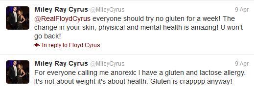 Screenshot of Miley Cyrus' tweets about being gluten-free
