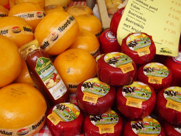 dutch cheeses in red and yellow wrapping