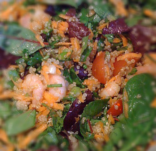 close-up of quinoa and prawn salad