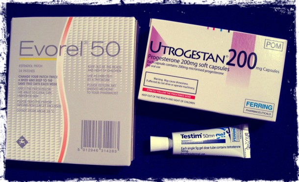 a box of evorel 50 patches, a box of utrogestan 200 tablets and a tube of testim gel