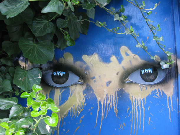 eyes painted on a garden side door