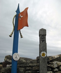 Cotswold Way route marker and flap pole commemorating the Battle of Lansdown in 1643