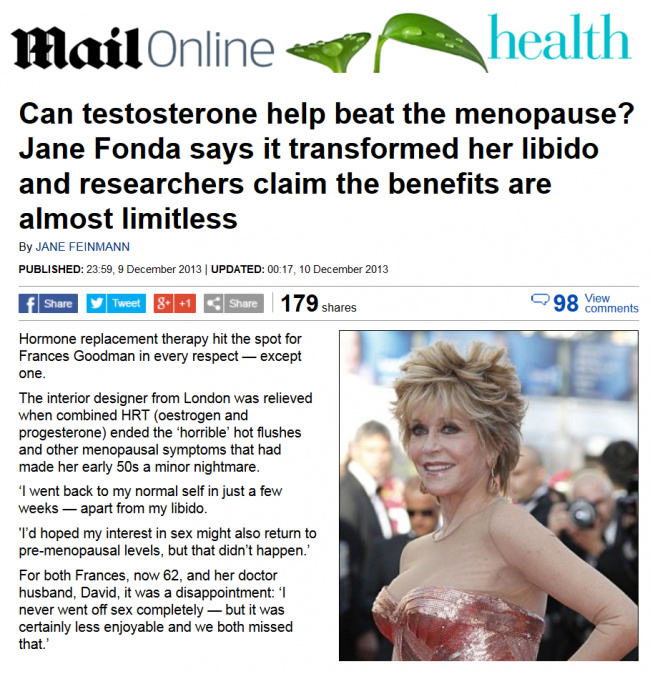 Screenshot of Daily Mail article 'Can Testosterone help beat the menopause?'