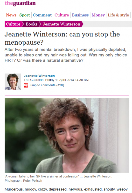 Screenshot of Jeanette Winterson's menopause article in The Guardian