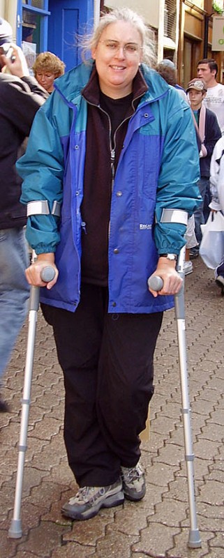 Angie on crutches recovering from arthritis